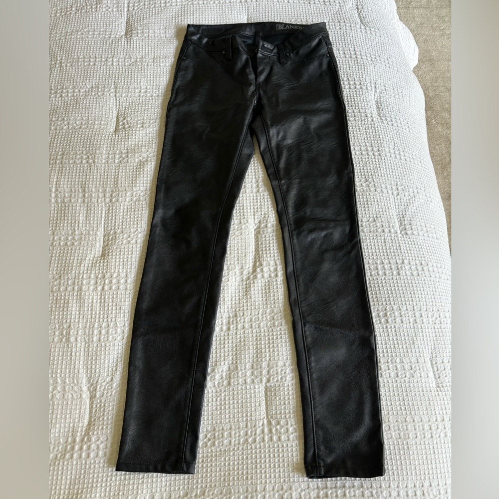 Black faux leather pants. Low rise skinny cut. Blank NYC